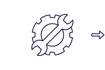 Icon drawing of a wrench over a gear with arrow pointing away