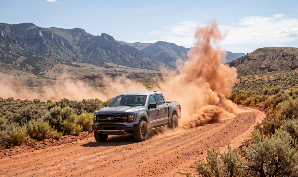 A Ford truck driving on a dusty Wyoming dirt road.
